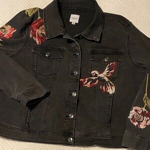 Kensie Black Jean Jacket with Floral and Bird Embroidery 2X 1X XL